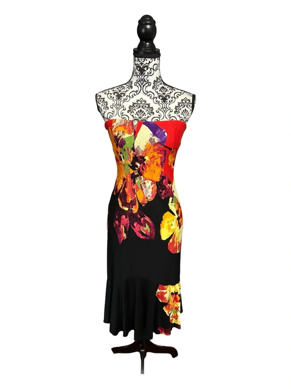 Cache Cache Vintage 90s Strapless Floral Midi Party Dress | Sz: 6 | Color: Black red